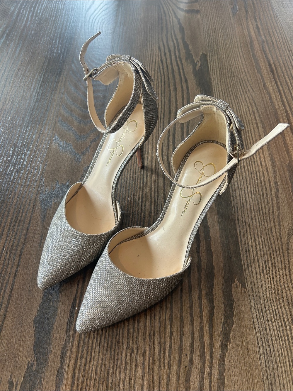 Jessica Simpson Glitter Pointed-Toe Ankle-Strap Heels in Silver